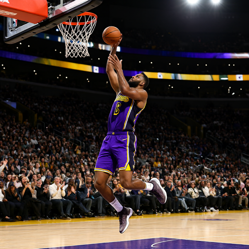 NBA比赛中湖人球员精彩扣篮瞬间，球馆内观众热情欢呼